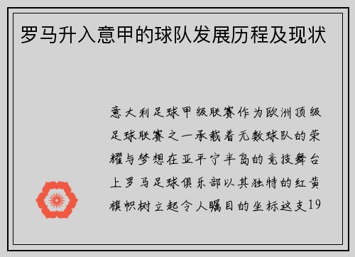罗马升入意甲的球队发展历程及现状