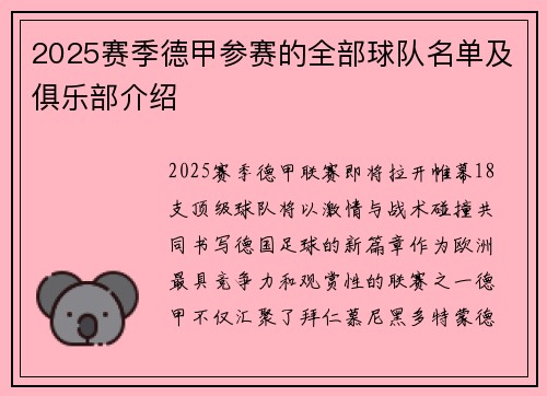 2025赛季德甲参赛的全部球队名单及俱乐部介绍